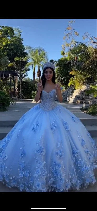 Blue Quinceanera Dresses Sweet 16 Dress 3D Flower Lace Applique Corset Back Y587 Lace High Neck Dress