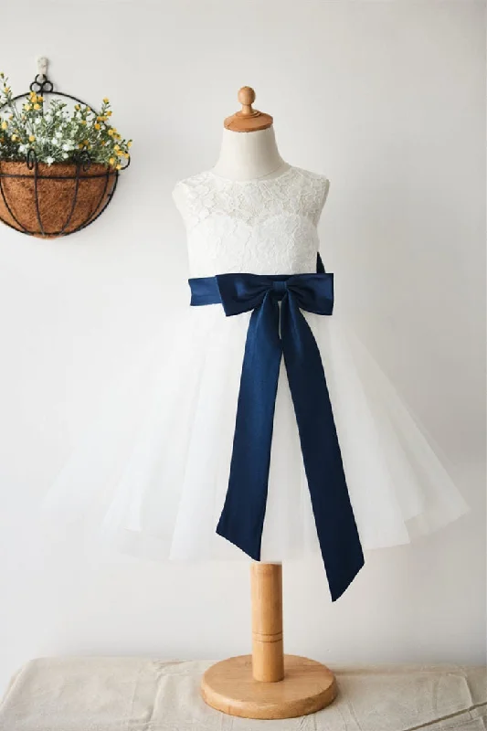 Cut White Lace Flower Girl Dress with Bow Knot Sleeveless Lace Dress