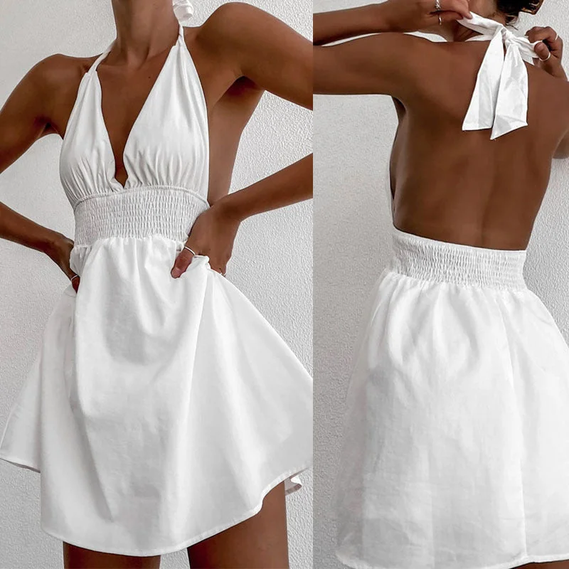 Deep V-neck Lace Up Waist-controlled White Dress With Chest Pad Lace Dress Glamour