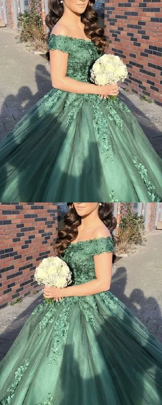 green ball gown prom dresses lace appliques off the shoulder S13881 Lace Cocktail Gown