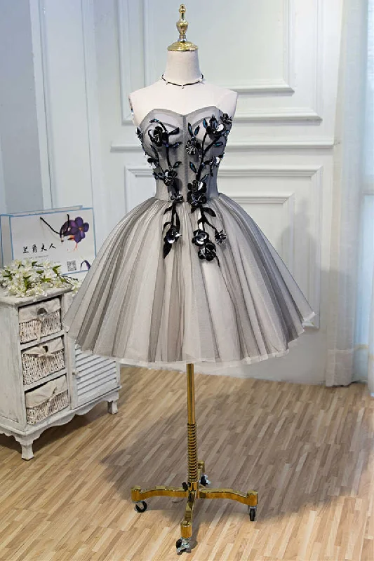 Grey Strapless Lace-Up A-Line Homecoming Dress Lace Dress Flare