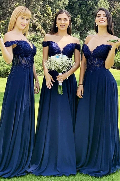 Indigo Lace Off-the-Shoulder A-Line Long Bridesmaid Dress Lace Dress Classic