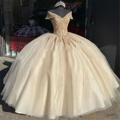 Off The Shoulder Quinceanera Dresses Champagne Lace Appliqued Beaded Ball Gown Y586 Lace Dress Trendy