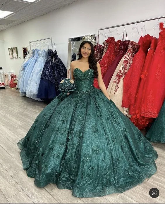 Romantic Dark Green Sweetheart Neckline Adult Dress Appliqued Lace Bustier Sweetheart Ball Gown Y289 Lace Dress Appeal