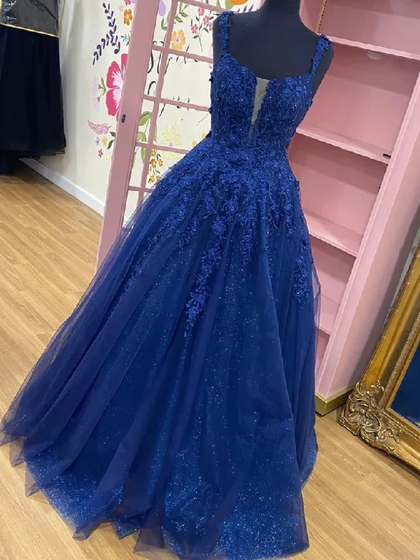 Shiny Navy Blue Lace Prom Dresses, Navy Blue Lace Formal Graduation Dresses Y230 Lace Evening Gown