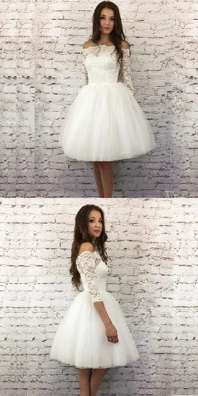 White A-Line 3/4 Sleeves Short Homecoming Dress With Lace S1834 Lace Dress Casual